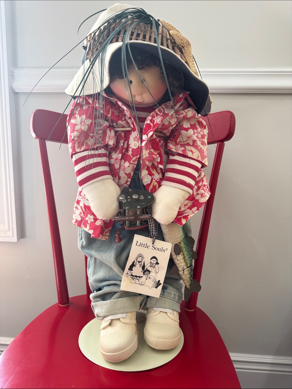 Little Soul Kids Decorative Doll with Red Floral Jacket on stand